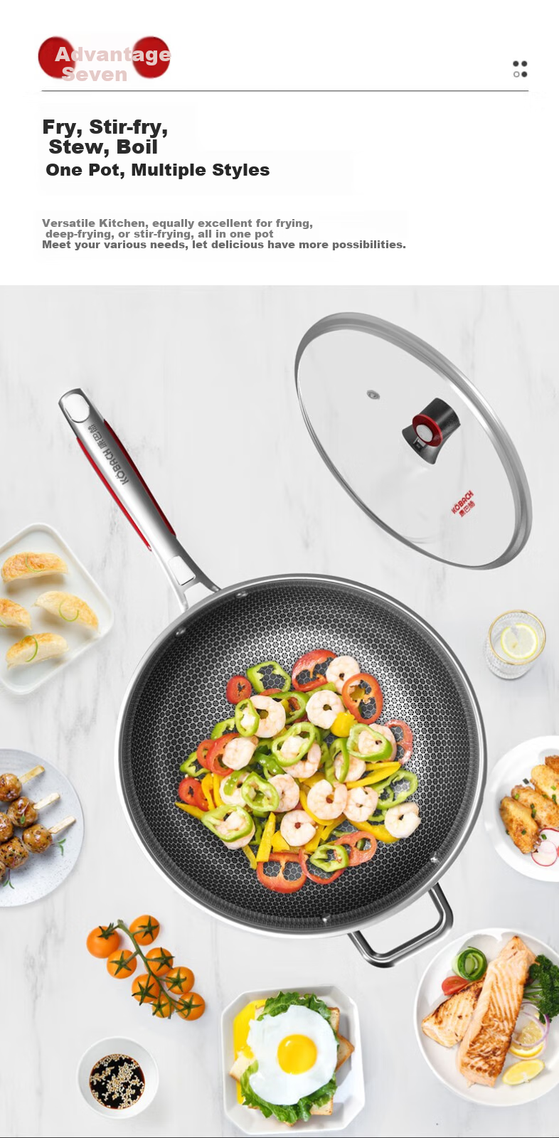 KOBACH Non-Stick Wok, 316L Stainless Steel Frying Pan, 34cm Extra Large Size, Low Smoke, Flat Bottom, Suitable for Gas And Induction Stoves 8