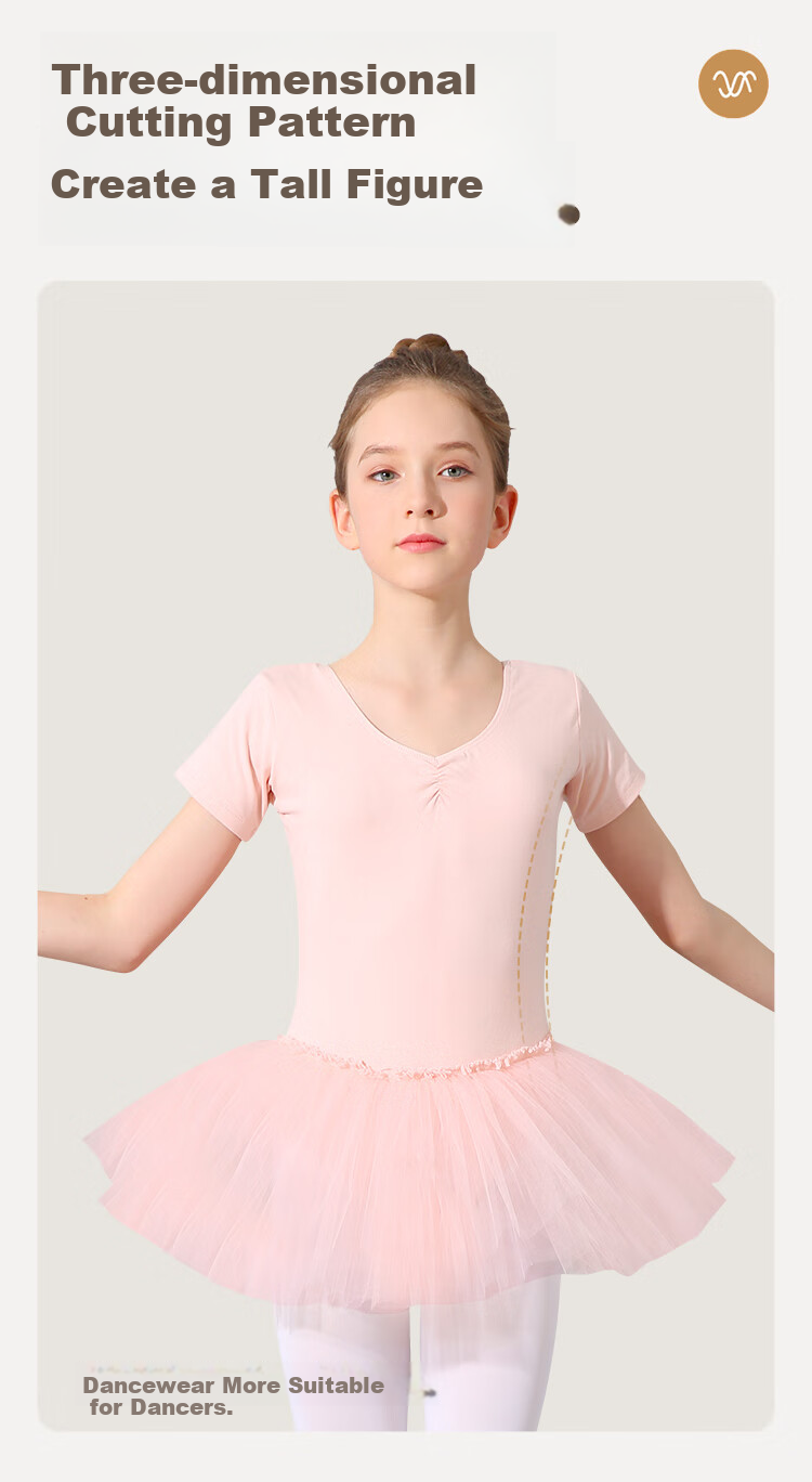 Zhiyouban Children's Ballet Dance Dress, Girls' Summer Short-Sleeve Pink Princess Puffy Skirt One-Piece Dance Performance Practice Costume 4