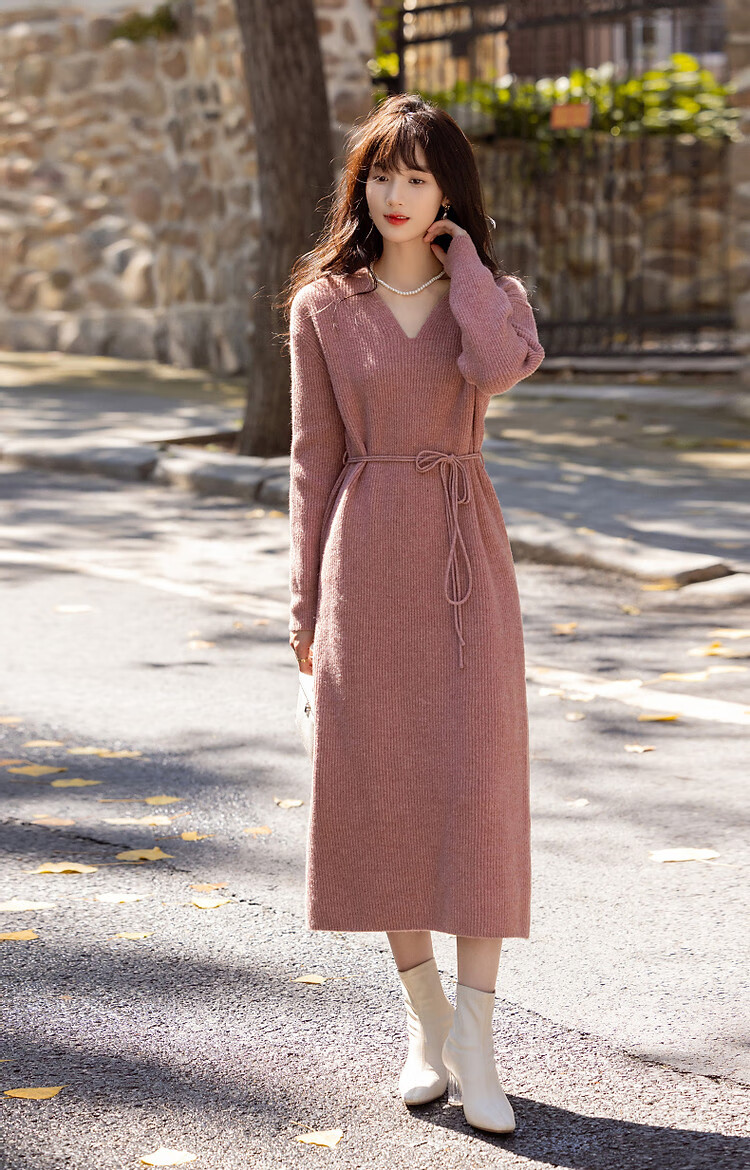 Dme Spring And Autumn Elegant V-Neck Loose-Fitting Drop Shoulder A-Line Slimming Belt Midi Dress for Wome 9