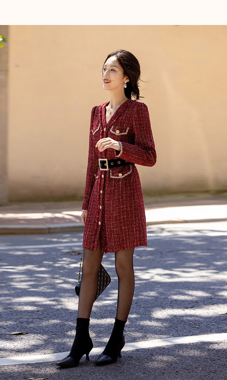Dme [Qianjin Madeleine] Winter Socialite Little Chanel Style V-Neck Tassel Frayed Ribbon A-Line Mid-Length Dress for Women 12