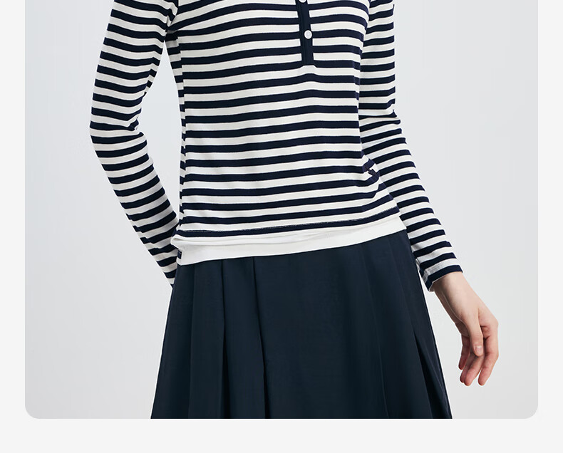 Navigare Women's Fashion Slim-Fit Striped Comfortable Faux Two-Piece Long-Sleeve T-Shirt 2315005502 11
