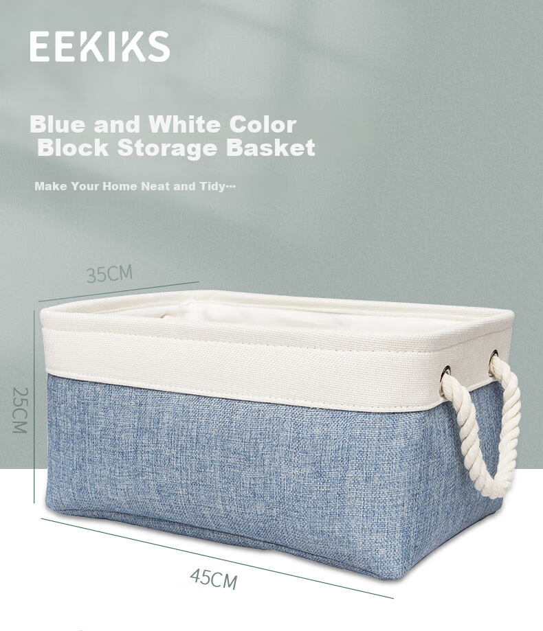 EEKIKS Storage Basket Laundry Hamper, Cotton Linen Blue Medium Size 7