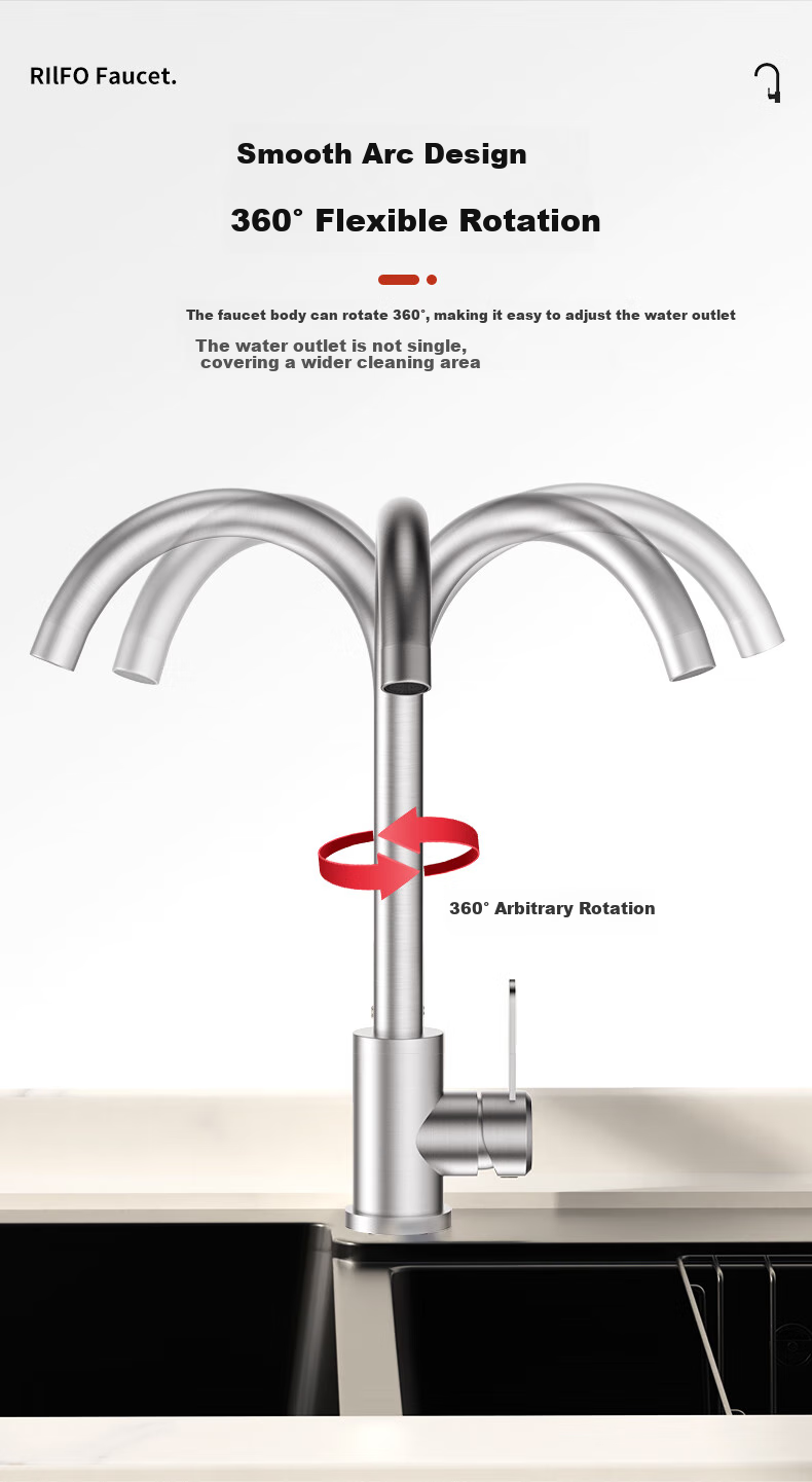 BSITN Wall-Mounted Faucet, Kitchen 304 Stainless Steel Body, Single Cold Quick-Open, 360° Rotating Sink Faucet B6035 8