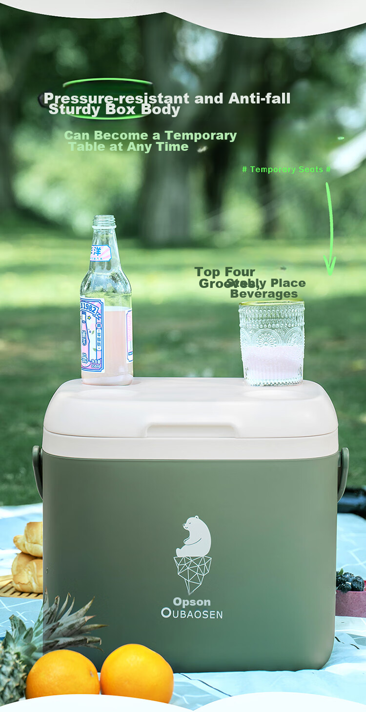 Oubaosen 24-Liter Insulated Cooler Box, Outdoor Refrigerator, PU Foam, Green Camping Ice Box 11
