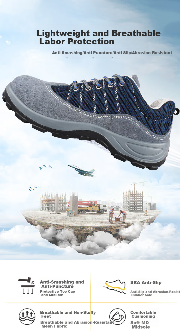 Zhugu Anti-Smashing Safety Shoes for Men, Summer Breathable Puncture-Resistant Odor-Proof Non-Slip Heat-Resistant Wear-Resistant Protective Construction Site Work Shoes Safety Shoes [Lightweight Breathable] Blue Size 42 1