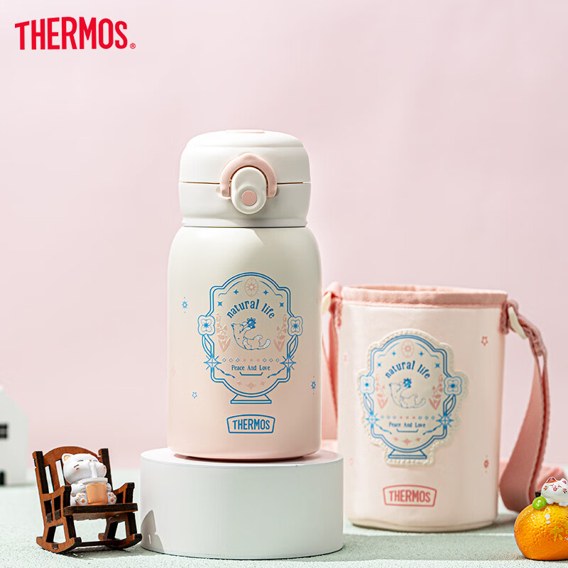 Термос детский THERMOS, поильник с трубочкой, 316L нержавеющая сталь, 520 мл, розовый