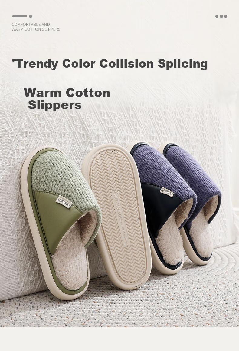 GUOLUOFEI Cotton Slippers for Men, Indoor Home Non-Slip Fleece-Lined Quiet Furry Slippers for Women, Couple Style, Gray, Size 42-43 1