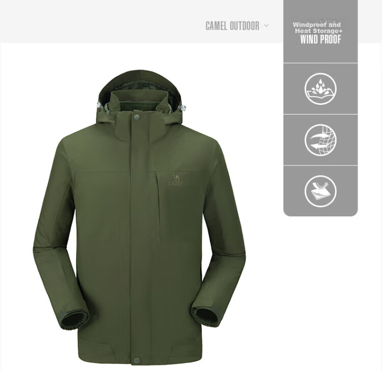 CAMEL Windbreaker Jacket for Men And Women, Three-In Detachable Two-Piece Set, Outdoor Heavy Rain-Proof Waterproof Windproof Mountaineering Suit 22