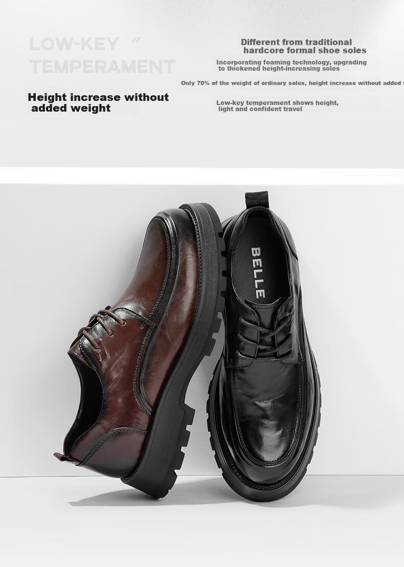 Belle Pleated Business Leather Shoes, Thick-Soled Heightening Derby Shoes, Men's Formal Genuine Leather Shoes A1422AM4, Brown-Single Lining, Size 38 3