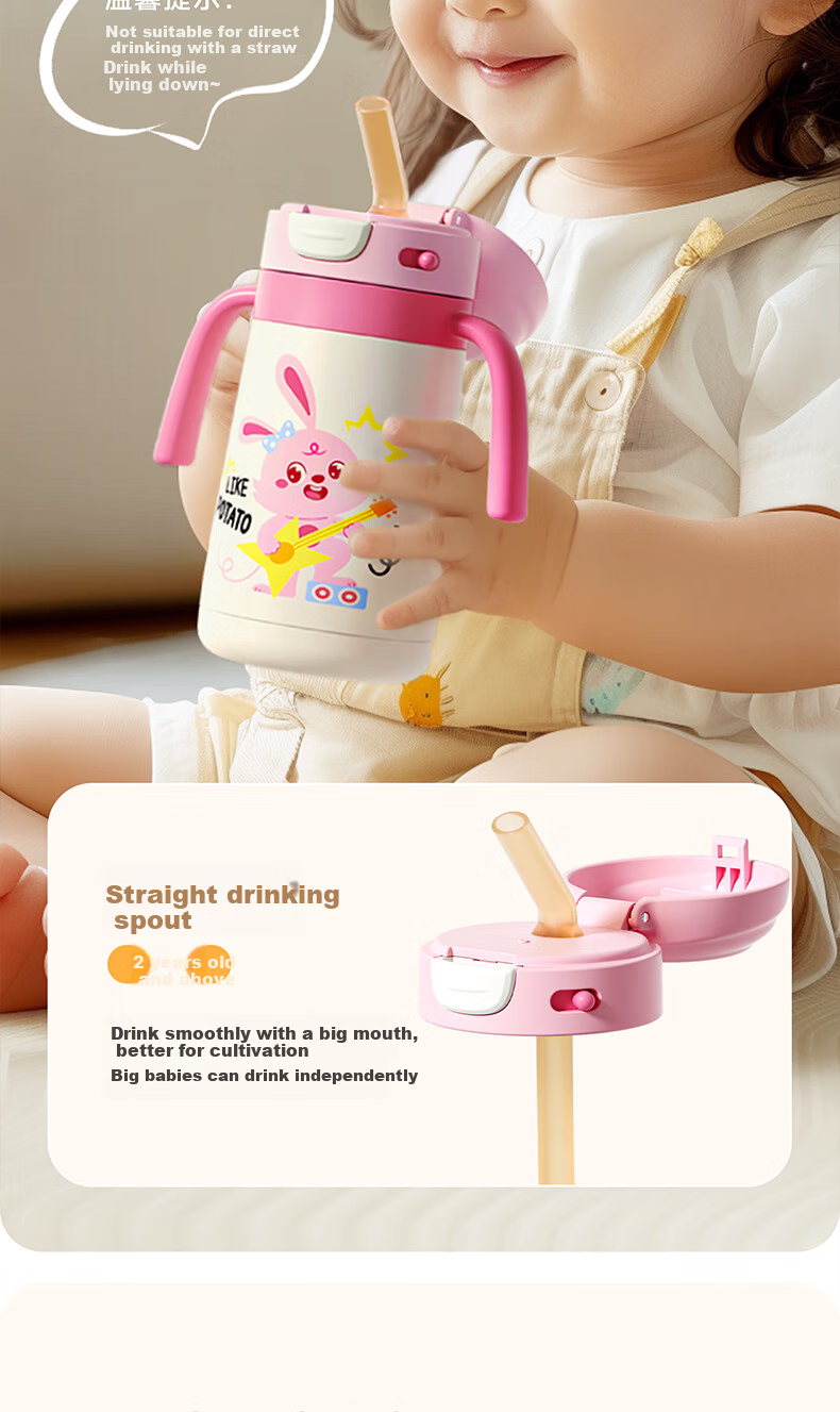 Potato Children's Insulated Cup with Straw, Baby Water Bottle, Portable Stainless Steel Cup for School, 300ml Pink 3