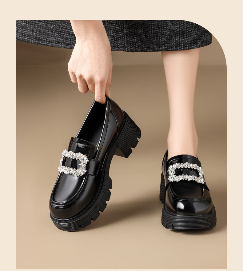 ZHR Women's Loafers, Fashionable Patent Leather Versatile Rhinestone Women's Shoes, Thick-Soled Heightening Black Leather Shoes for Women, JF76 Black, Size 37 12