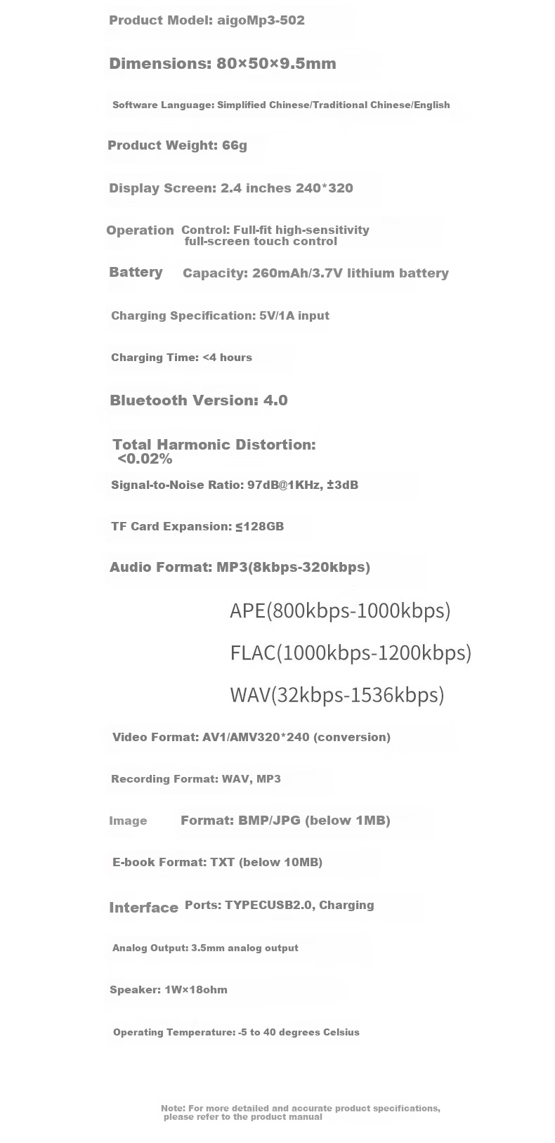 Aigo MP3-502 8GB English-Chinese Dictionary Speaker, Full Touch Screen MP4/MP5 Lossless Music HIFI Player, Portable English Learning Device for Students, Sports-Friendly Portable Metal Gray 9