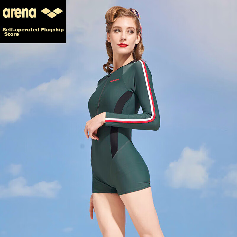 Женский цельный купальник Arena с длинным рукавом и шортами, зеленый