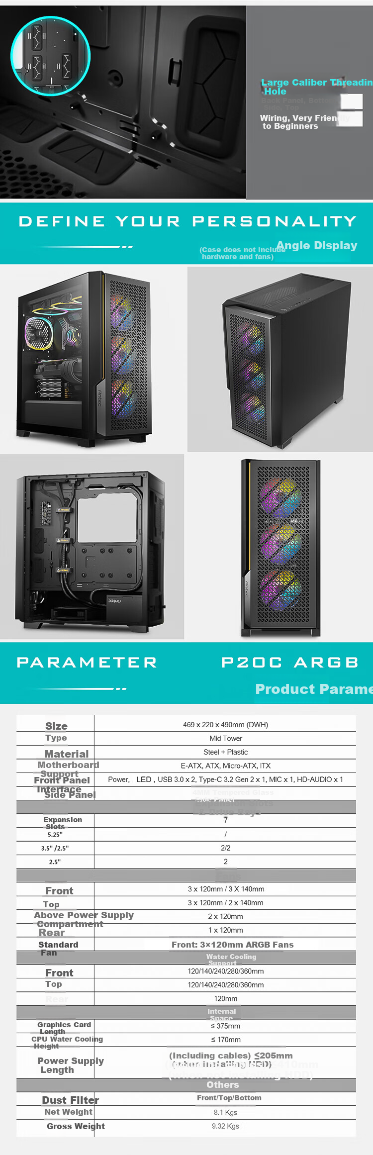 Antec P20C, ARGB Type-C Interface, Glass Side Panel Case, 360mm Water Cooling, with 3 Fans Included 4