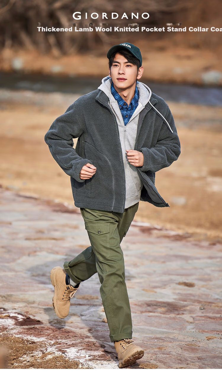 Giordano Fleece Jacket for Men, Faux Sherpa Warm Coat, Quilted Pocket, Stand Collar, Zipper Jacket for Men 01074857 3