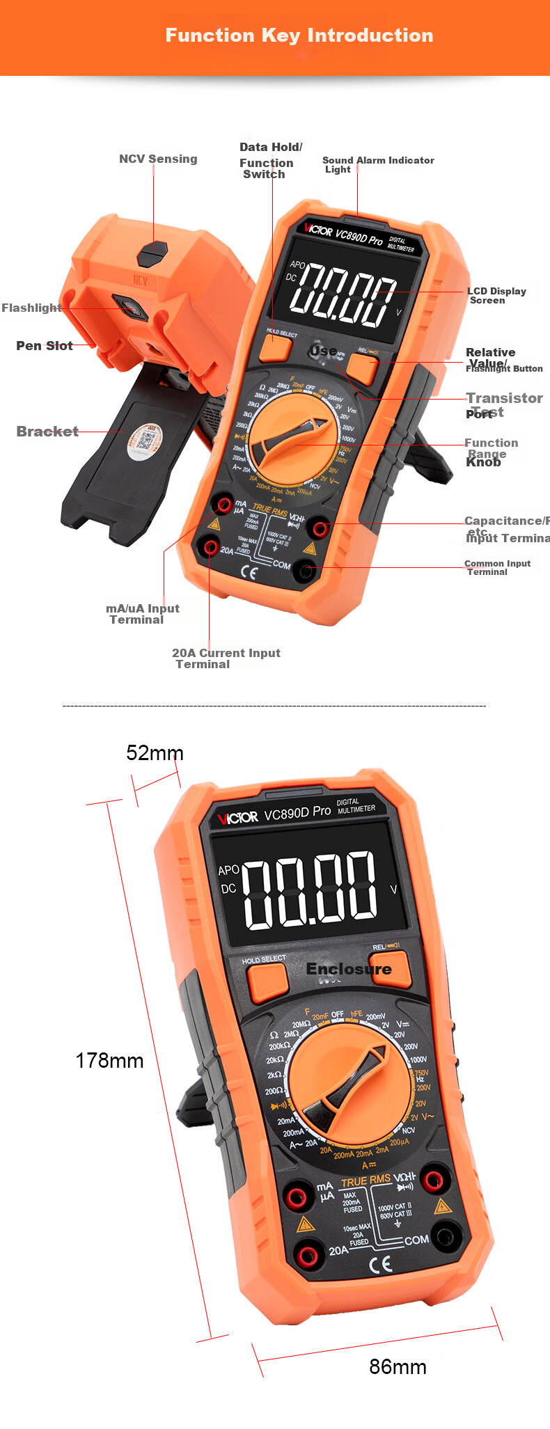 VICTOR Digital Multimeter, High-Precision LCD Display, Multi-Function Burn Protection, Electrician's Universal Meter for Home Use, VC890D PRO 6