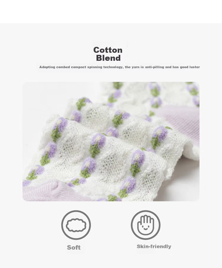 BALABALA Girls' Socks, Spring Children's Cotton Socks, Jacquard Pattern, Skin-Friendly, High-Elasticity, for Older Children, Three-Pair Pack, 208925172003 1