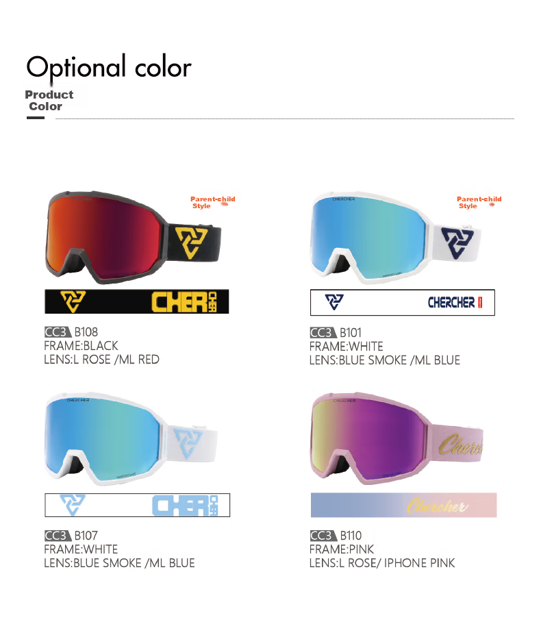 CHERCHER Children's Ski Goggles, Double-Layer Anti-Fog, Cylindrical Lens, Parent-Child Style, High-Definition Wide-View Protective Eyewear CC3-kids 10