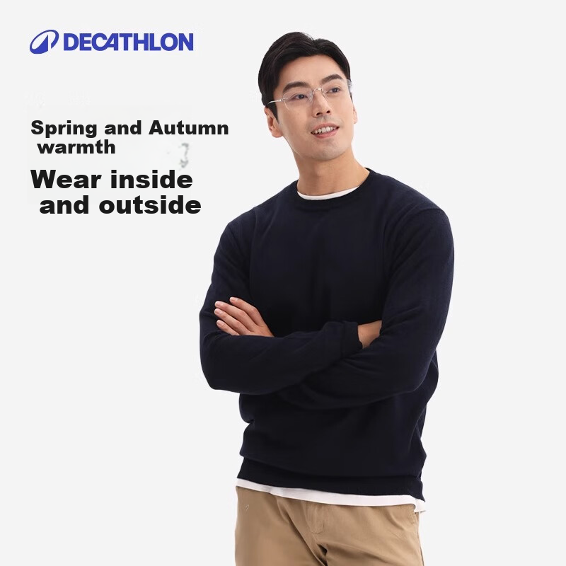 DECATHLON Men's Sweater, Round Neck Knit Pullover, Base Layer for Autumn And Winter, Sports Casual Slim-Fit Top, 5354193