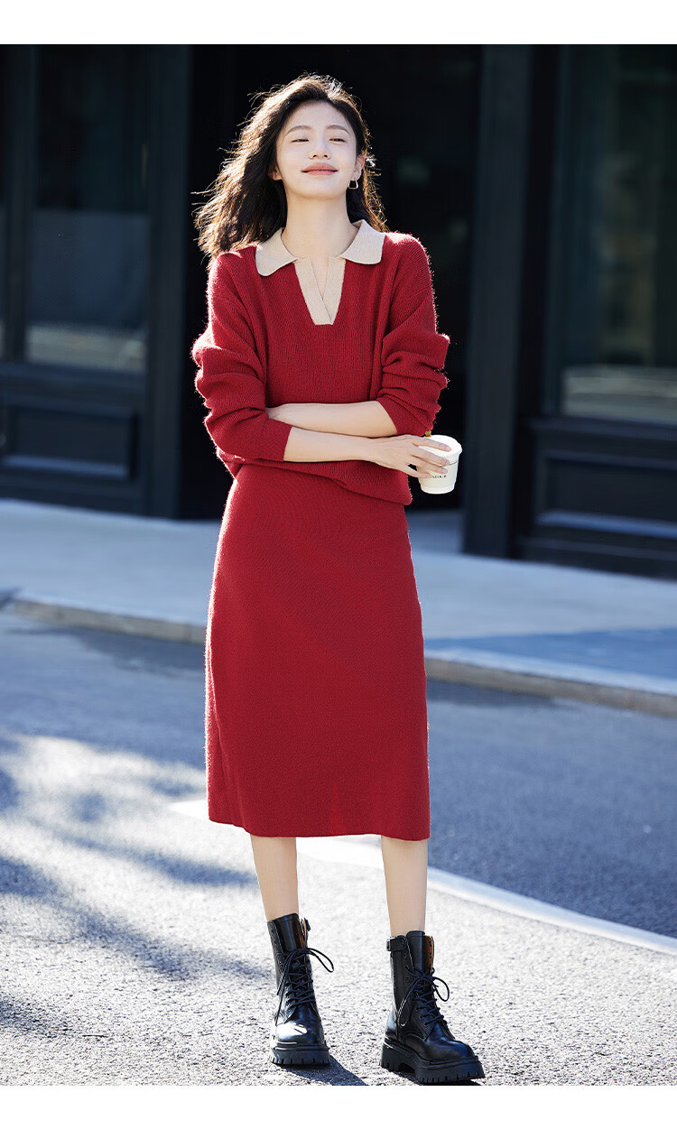 Demana Color-Block Polo Collar Set Autumn Long Sleeve Pullover Knit Two-Piece Set for Women 4