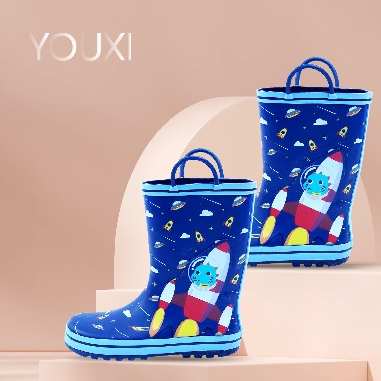 Youxi Children's Rain Boots, Boys' Rocket Rain Shoes, Non-Slip Waterproof Boots, Baby Shoes for Ages 3-6, Boys' Size 26
