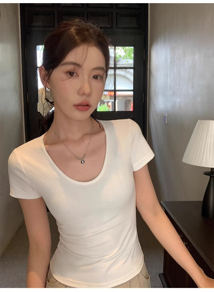 TUCANO Regular Shoulder U-Neck Short-Sleeve T-Shirt for Women, Summer Style, Inner Layering, Slim Fit, Simple Ribbed Half-Sleeve Top, White, 2XL 4