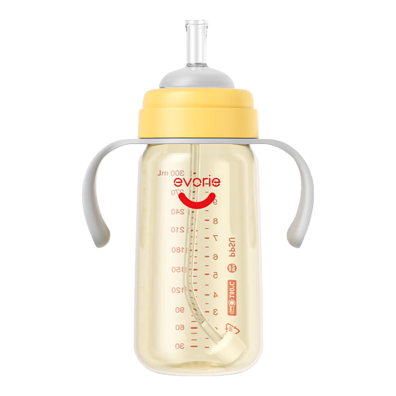 Evorie Straw Bottle for Ages 1-3, Baby PPSU Bottle for 12 Months And Above, 300ml Wide Mouth with Handle And Gravity Ball