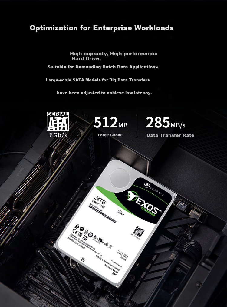 SEAGATE Enterprise Hard Drive, 24TB, 512MB Cache, 7200RPM, CMR Vertical Recording, SATA X24 Series, ST24000NM002H 4