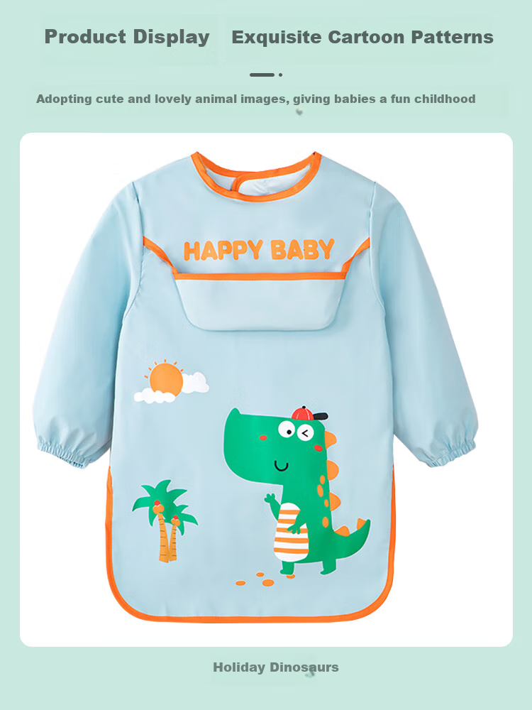 9I9 Baby Eating Apron, Long-Sleeve Waterproof And Stain-Resistant, Infant And Child Bib, Drawing Smock, Velcro A257 Dinosaur 6