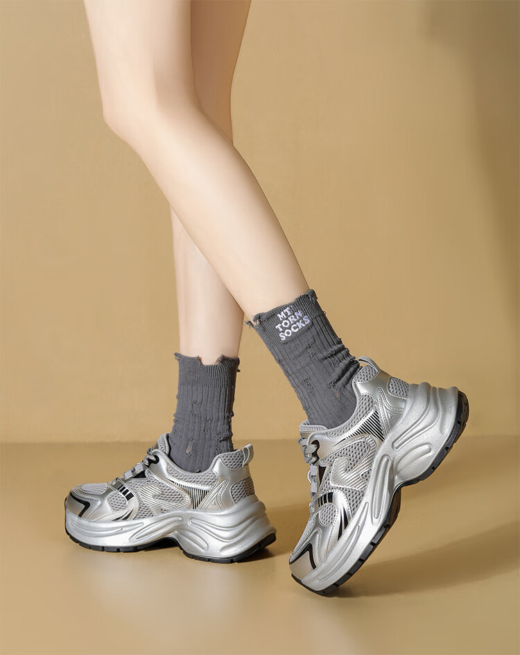 ZHR Dad Shoes for Women, Trendy And Cool, Thick-Soled Height-Increasing Versatile Women's Shoes, Mesh Splicing Silver Sneakers, JT82 Silver, Size 35 13