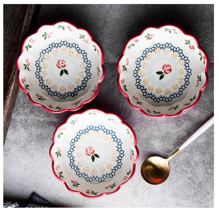 All-Purpose Breakfast Ceramic Bowl Set - Hand-Painted Cherry Fruit Bowl, Salad Plate, Cereal Bowl, Noodle Bowl, Rice Bowl, Vegetable Basin, Soup Bowl 7