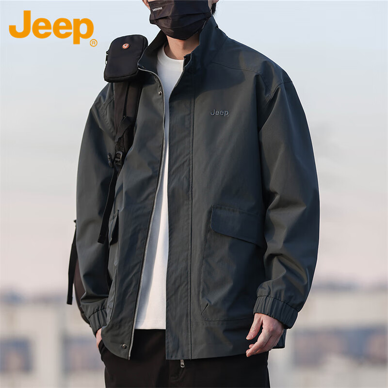 JEEP Men's Jacket, Spring And Autumn Outerwear, Stand-Up Collar, Loose Casual Menswear, Windbreaker Top, Gray, XL