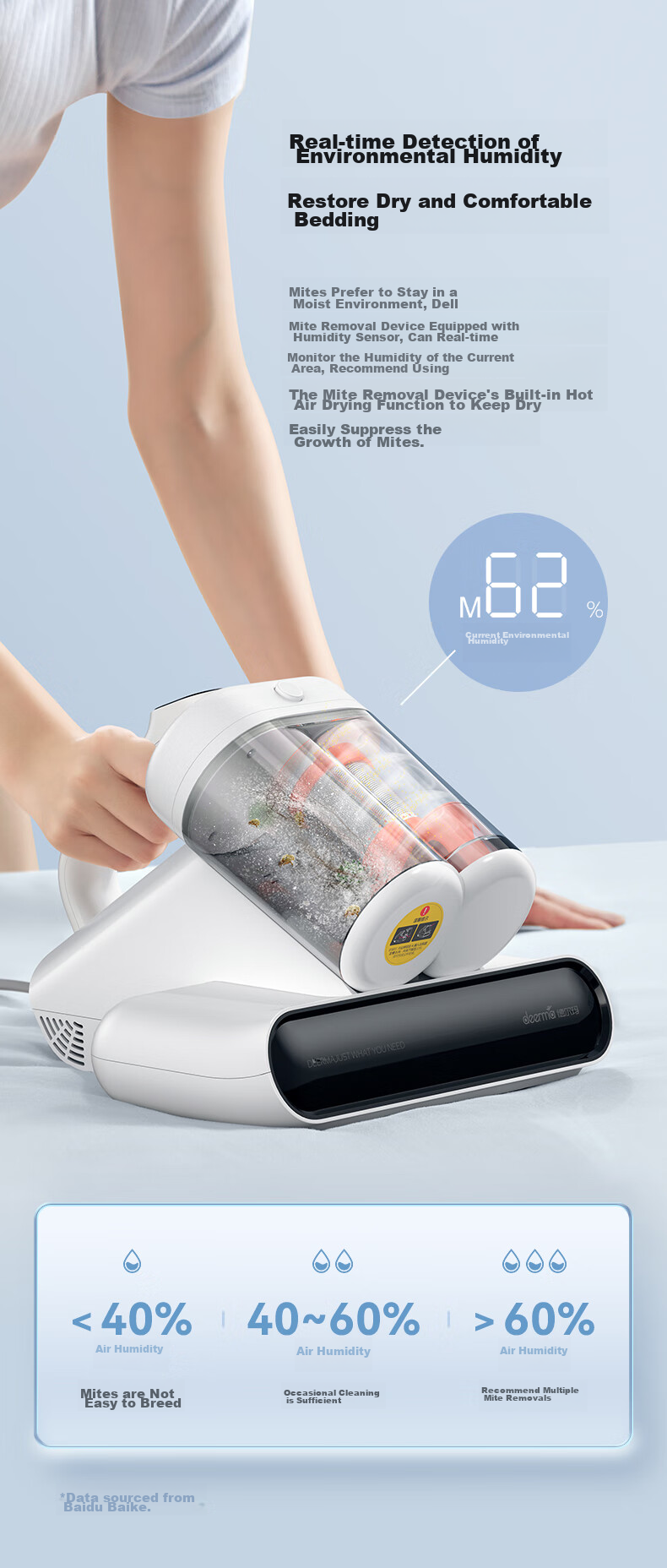 Deerma [Sunlight 65 Degrees] M1 Dual-Cup Smart Dust Mite Remover, Household Handheld Bedside UV 99.9% Sterilization And Mite Removal, Beating And Drying to Remove Mites 13