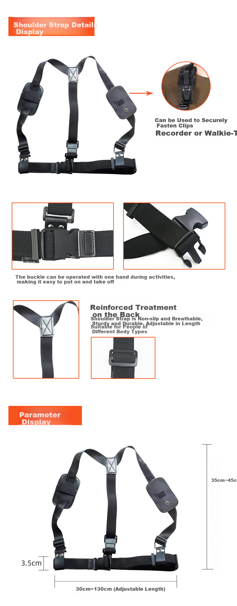 Zhifa1hao Adjustable Universal Black Shoulder Strap for Law Enforcement Body Camera, Double Chest Strap for Front-Wearing, Black Shoulder Strap 1
