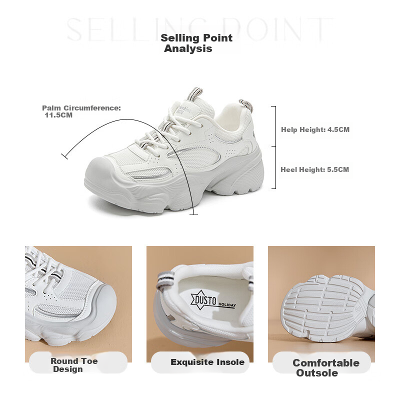Dusto Thick-Soled Platform White Sneakers for Women, 2026 New Trendy Spring Women's Shoes, Niche Non-Collision Versatile Footwear