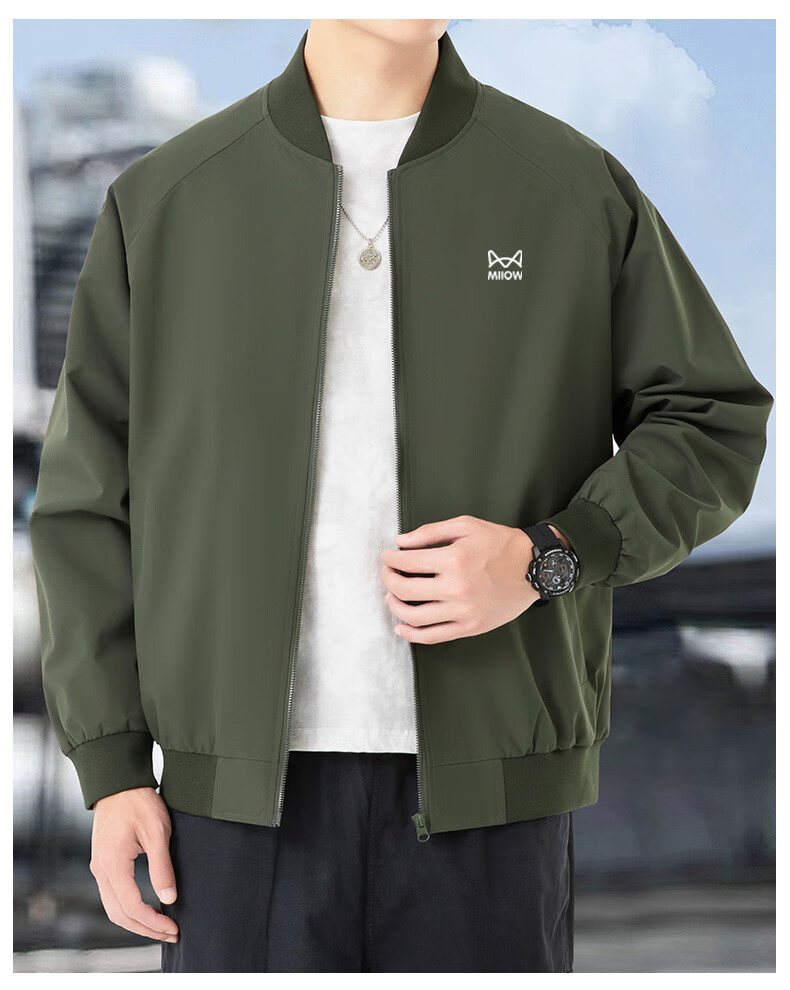 MiiOW Men's Jacket Spring And Autumn Outerwear Trendy Baseball Collar Fashion Casual Outdoor Loose Menswear Army Green 3XL 6