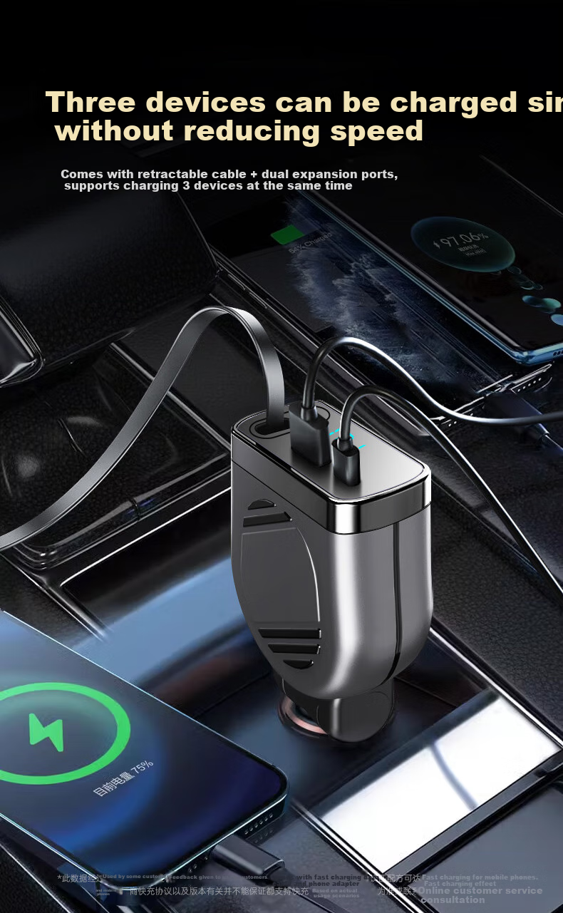 HYIOAV Retractable Cable Car Charger, 90W Super Fast Charging, One-To Car Digital Display Charger, Cigarette Lighter Adapter 3