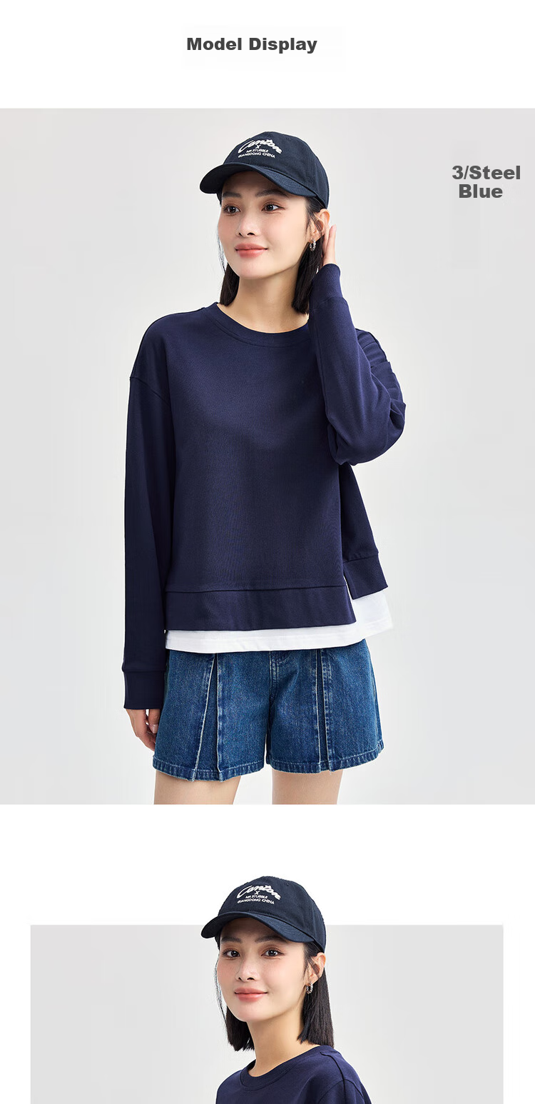 Giordano Women's Sweatshirt, Pure Cotton, Faux Two-Piece, Irregular Hem, Youthful Round Neck Pullover, Women's Style 13324734 8