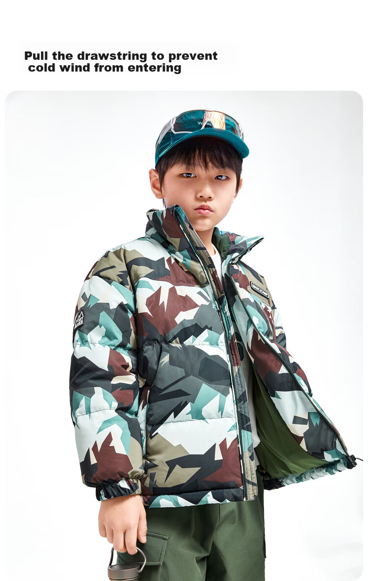 Annil Boys' Short down Jacket, 2024 Winter New Camouflage Warm Coat with Triple Protection, Khaki Floral Pattern, Size 110 5