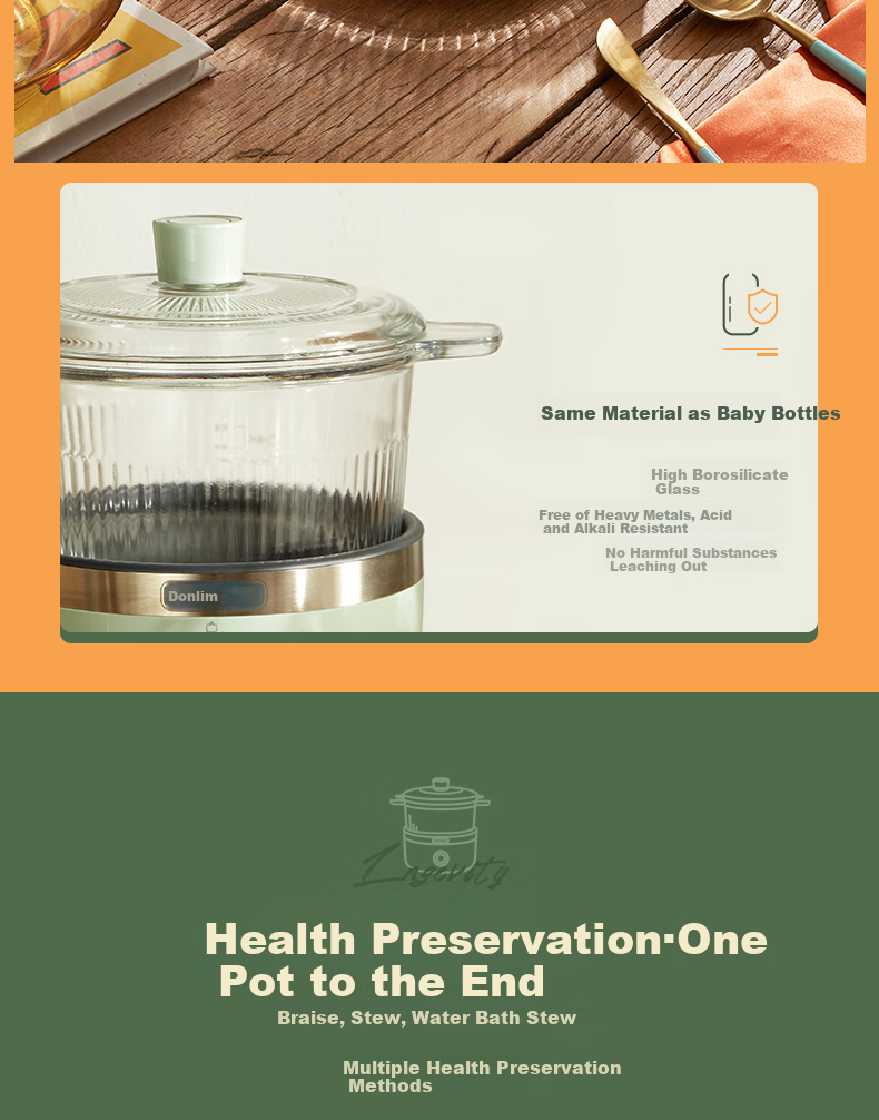 Donlim Electric Stew Pot, Soup And Bird's Nest Double Boiler, Health-Preserving Water Bath Cooker, BB Soup Pot, Small Glass Electric Stew Pot for Nourishment And Beauty, DL-9002 (Forest Green) 6