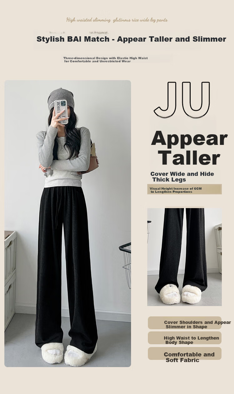 FitonTon Wide-Leg Glutinous Rice Pants for Women, Loose Straight-Leg Draping Trousers for Autumn And Winter, Fleece-Lined Thick Soft Long Pants, Versatile Casual Pants 10