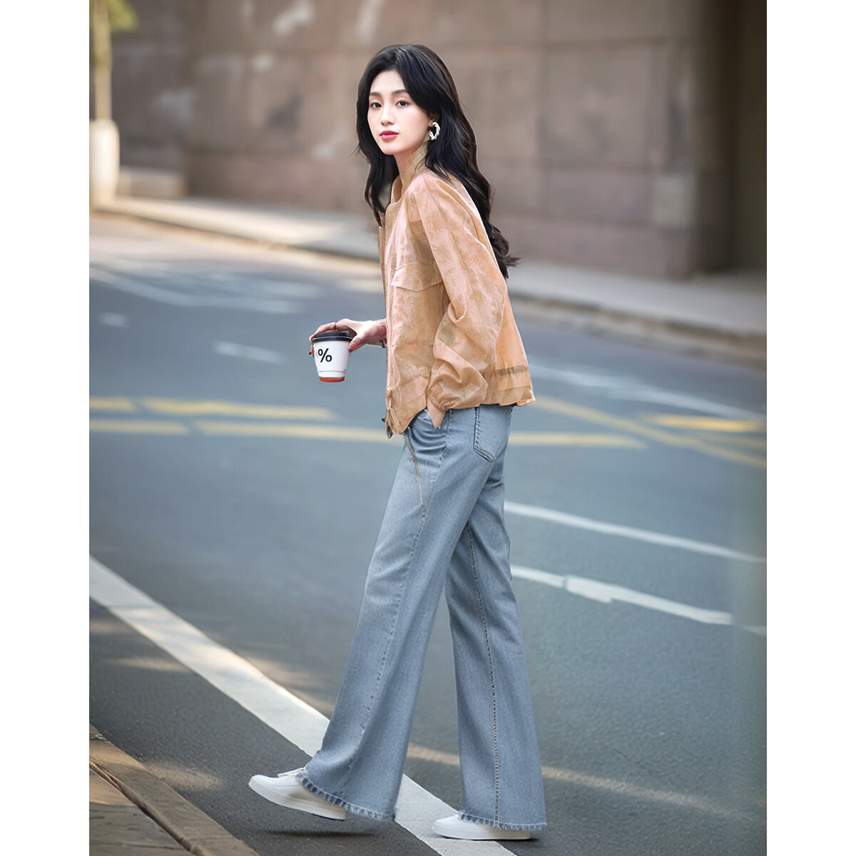 Dme [Elegant Gradient Print] Spring Lightweight Lyocell Drawstring Large Patch Pocket Elastic Cuff Sports Women's Jacket