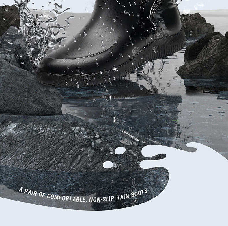 GUOLUOFEI Men's Mid-Calf Rain Boots, Outdoor Waterproof Non-Slip Thick-Soled Elastic Shoes for Food Delivery Riders, Black, Size 43 2