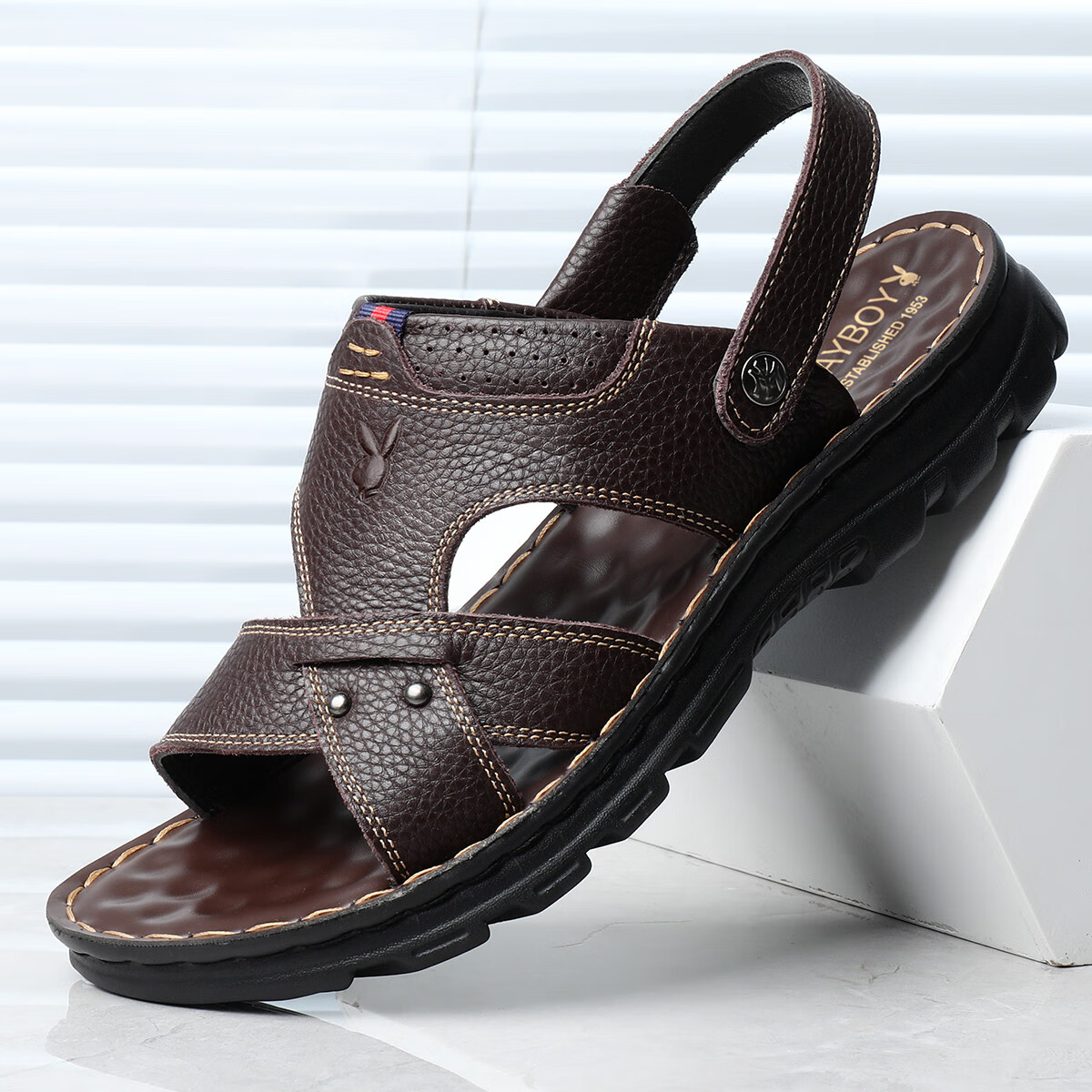 Playboy Men's Summer Casual Beach Sandals Outdoor Middle-aged and Elderly Dad Leather Slippers Black Size 43