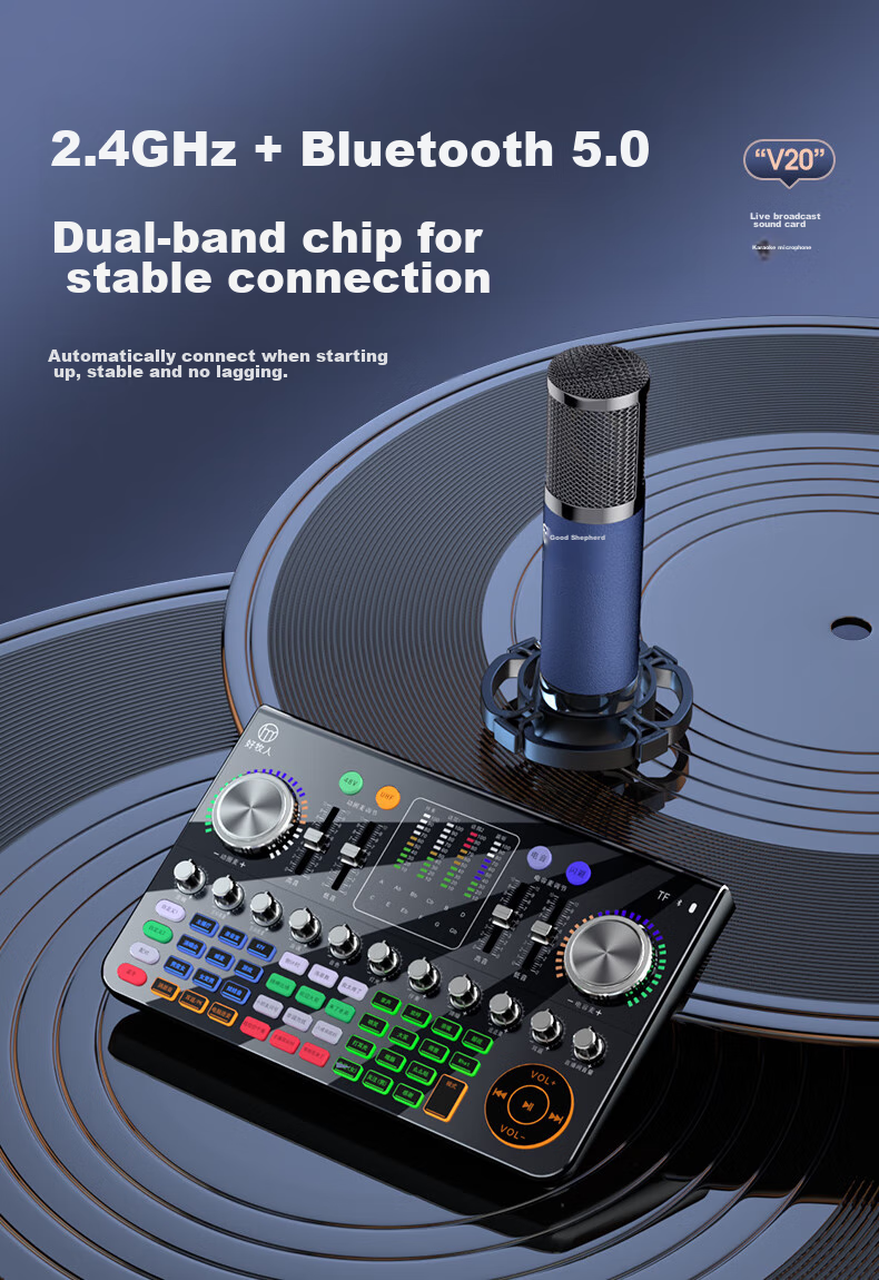 Haomuren V20 Professional Sound Card Live Streaming Equipment Full Set, Wireless Microphone, Outdoor TikTok Host Singing Mobile-Specific Karaoke Mic, Bluetooth Computer Voice Changer 9
