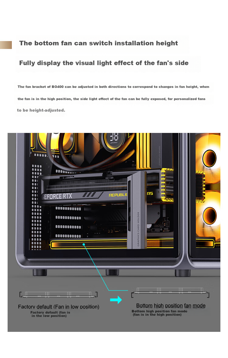 JONSBO BO400 ATX Aluminum Seaside Case (E-Sports Gaming, 360mm Water Cooling, 5V ARGB Lighting Effects, 10 Fan Positions, Aluminum Alloy GPU Bracket, ATX Power Supply Position) 14