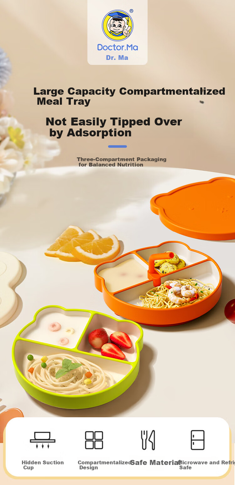 DOCTOR MA Baby Plate, Silicone Feeding Tray with Detachable Sections, Children's Tableware, Complementary Food Bowl And Plate, Green Lunch Box 1