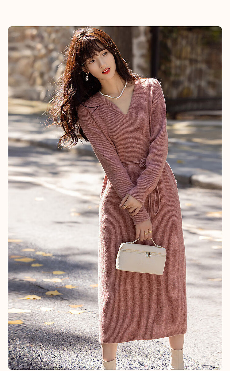 Dme Spring And Autumn Elegant V-Neck Loose-Fitting Drop Shoulder A-Line Slimming Belt Midi Dress for Wome 2
