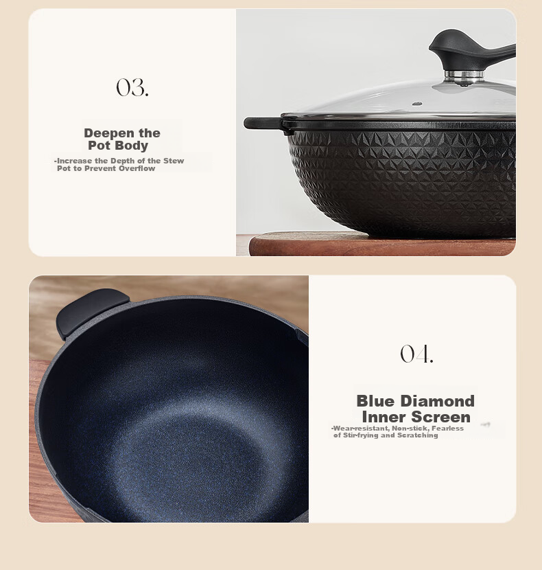 ASD Wok 32cm Blue Diamond Non-Stick Pan for Home Use, Wear-Resistant Flat Bottom Thickened Magnetic Bottom Stir-Fry Pan Universal CL32A21WGT 14