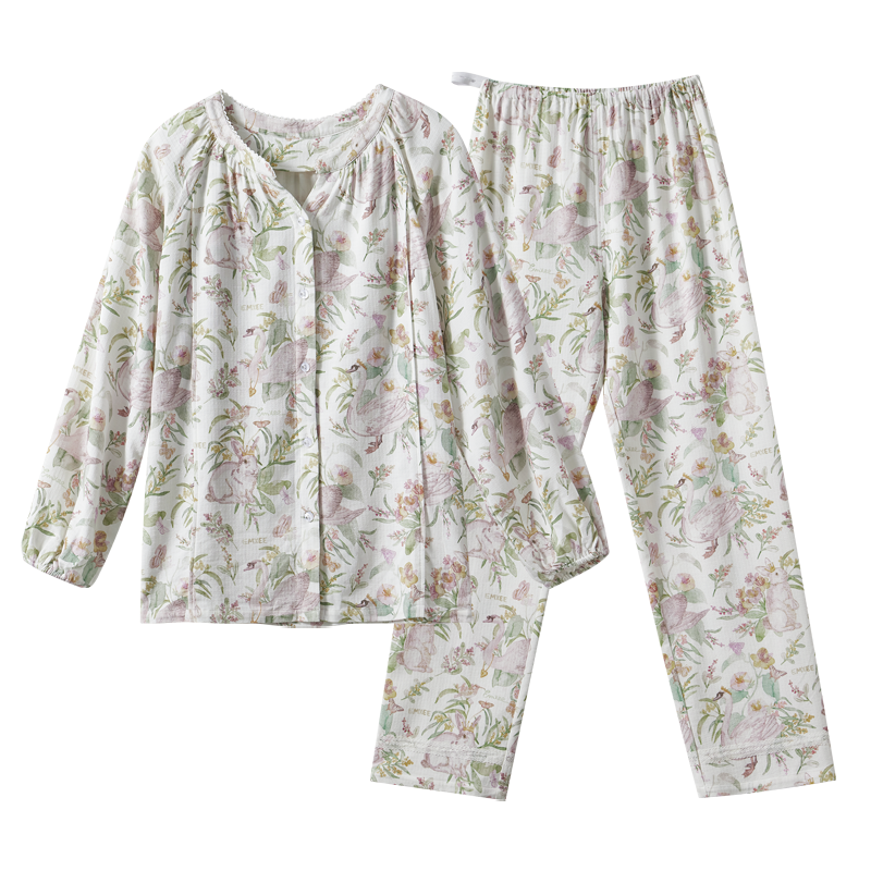 EMXEE Tang Yixin Style Spring Summer Maternity Silk Linen Cotton Nursing Pajamas with Chest Pad Postpartum Maternity Loungewear XL Size